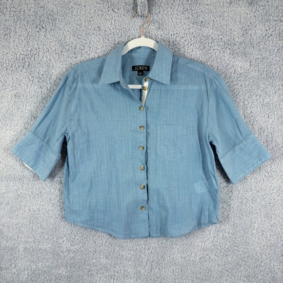 J Crew Cropped Button Up Washed Voile Size 0 Blue Half Sleeve Lightweight Casual - Picture 1 of 7